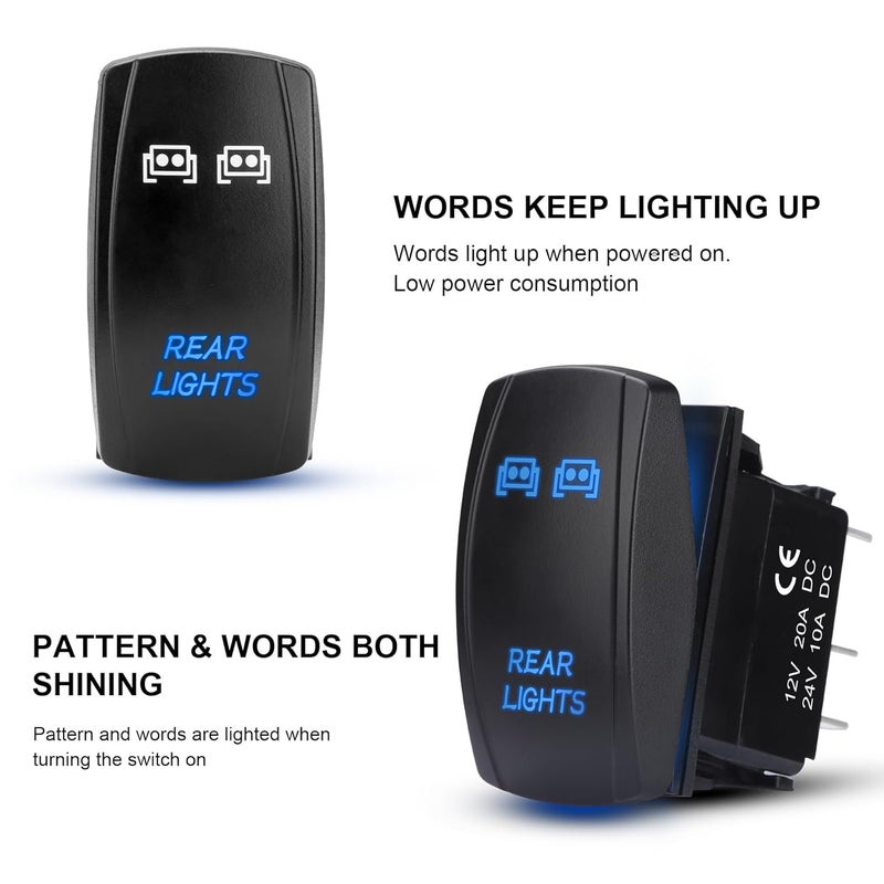 Weasch LED Rear Lights Rocker Switch, Laser On/Off SPST 5Pin Waterproof, 20A/12V 10A/24V, with Jumper Wires for Cars Trucks RVs Boat ATV UTV RZR, Blue - Image 3